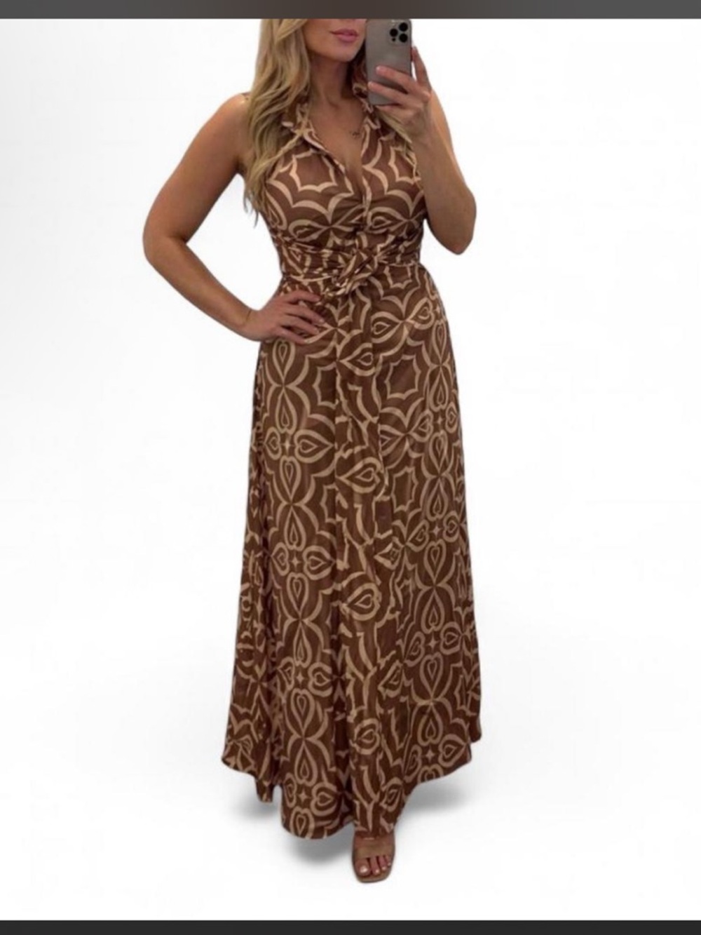 Miss Los Angeles Sleeveless Brown Patterned Maxi Dress - Brand
